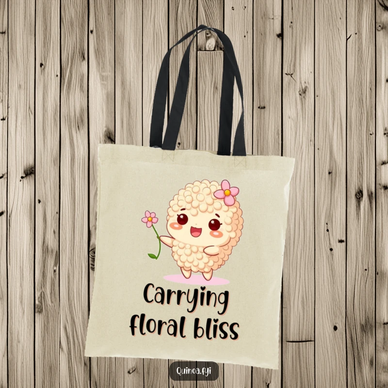 Funny tote bag showing a happy quinoa grain with a flower, gently swaying, carrying positivity.