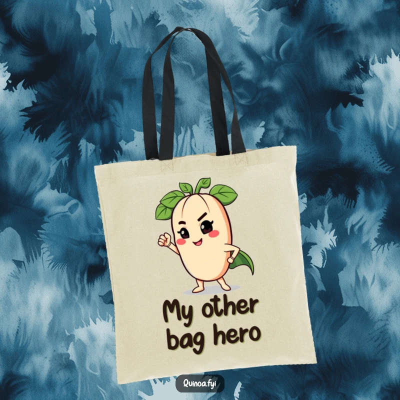 Funny tote bag displaying a charming anthropomorphic legume striking a superhero pose with a wink, perfect for carrying groceries.