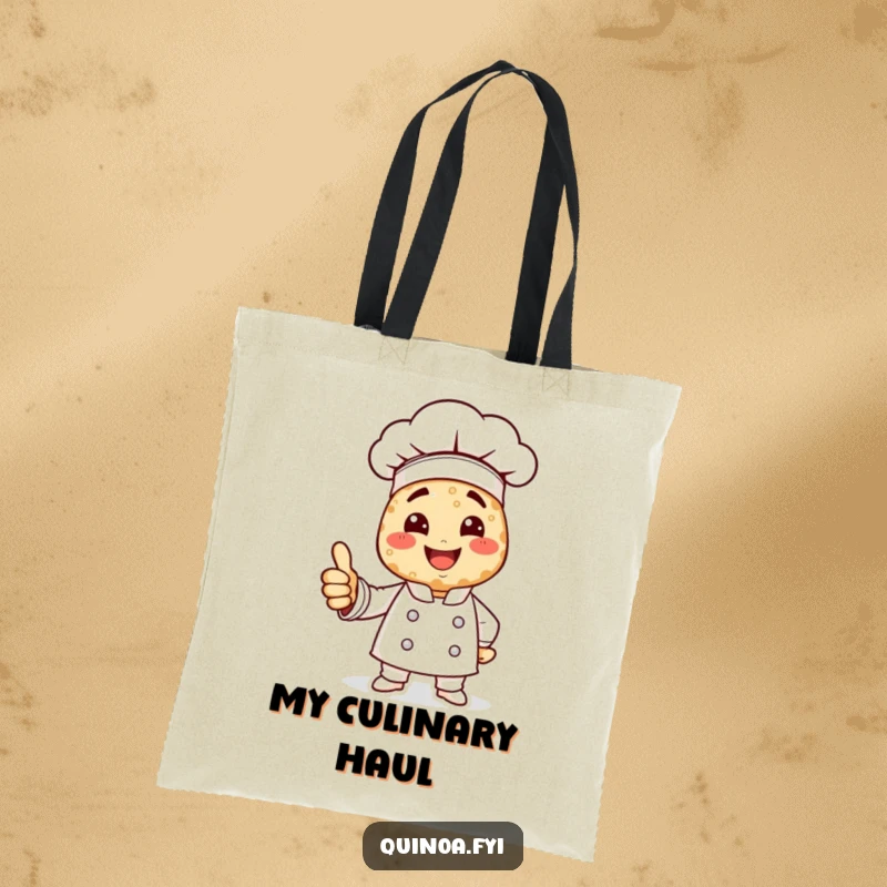 Funny quinoa chef tote bag featuring a smiling chef made of quinoa giving a positive thumbs up.