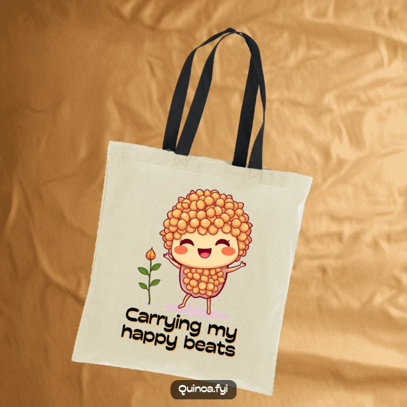 Funny Quinoa Dance Tote Bag: A joyful quinoa character performing a silly dance with a tiny sprout, ready to carry your items.