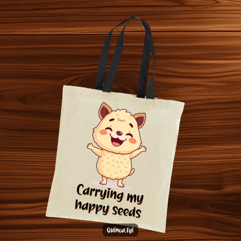 Funny Quinoa Tote Bag with a cheerful anthropomorphic quinoa blend mid-happy dance, adding a dash of foodie fun to your shopping trips.
