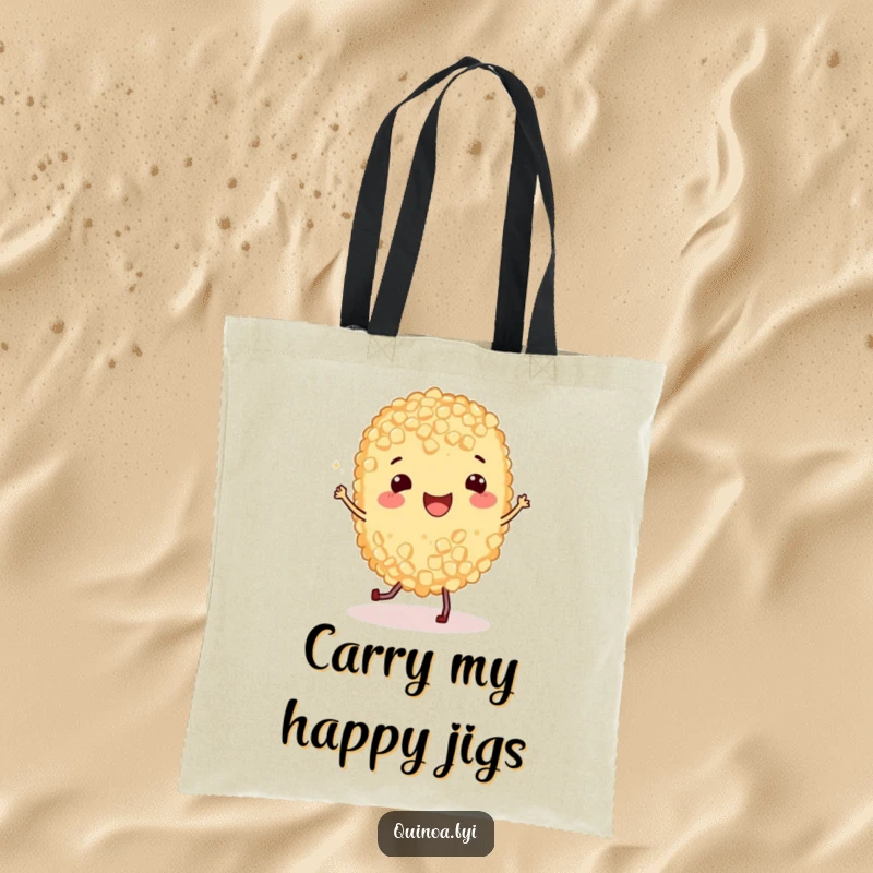 Funny Tote Bag featuring a happy quinoa grain energetically doing a jig, perfect for a humorous and practical grocery companion.