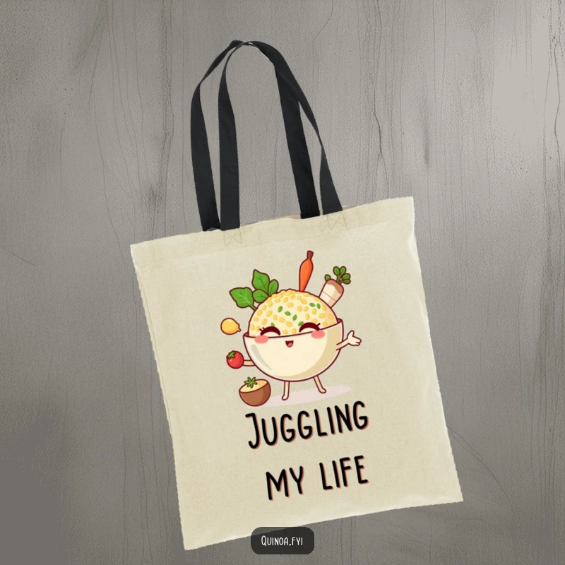 Funny tote bag displaying a winking quinoa bowl character juggling ingredients, symbolizing kitchen multitasking and humor.