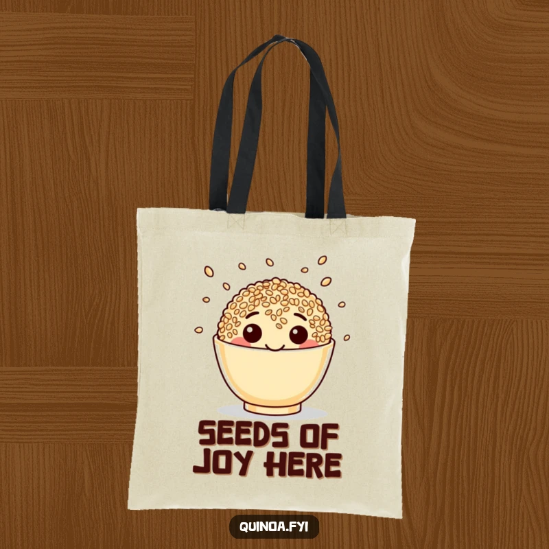 Funny Quinoa Tote Bag featuring a happy face juggling seeds, a stylish and humorous accessory for health nuts.