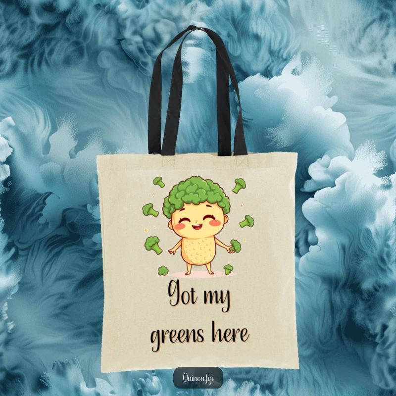 Funny Quinoa Juggling Tote Bag: A curious quinoa character with a big grin juggles tiny broccoli florets, ready for daily tasks.
