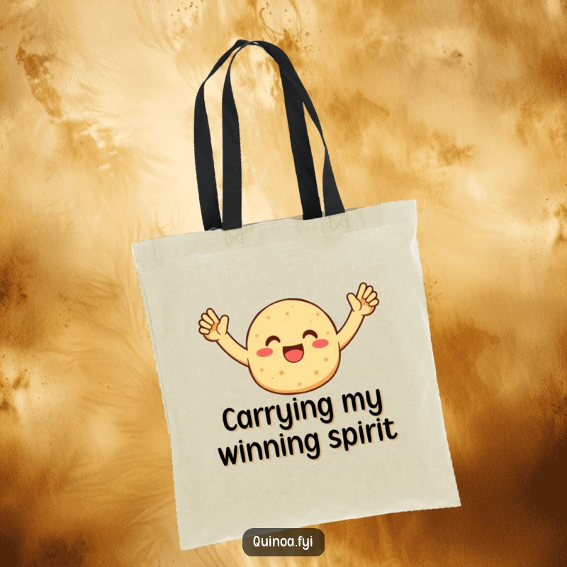 Funny tote bag with an enthusiastic quinoa patty character celebrating, perfect for carrying daily items with a dose of humor.