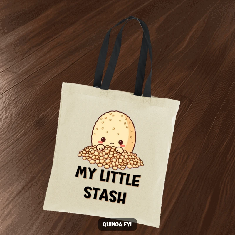Funny tote bag designed with a curious quinoa grain character peeking from its grains, perfect for carrying items with a hint of playful intrigue.