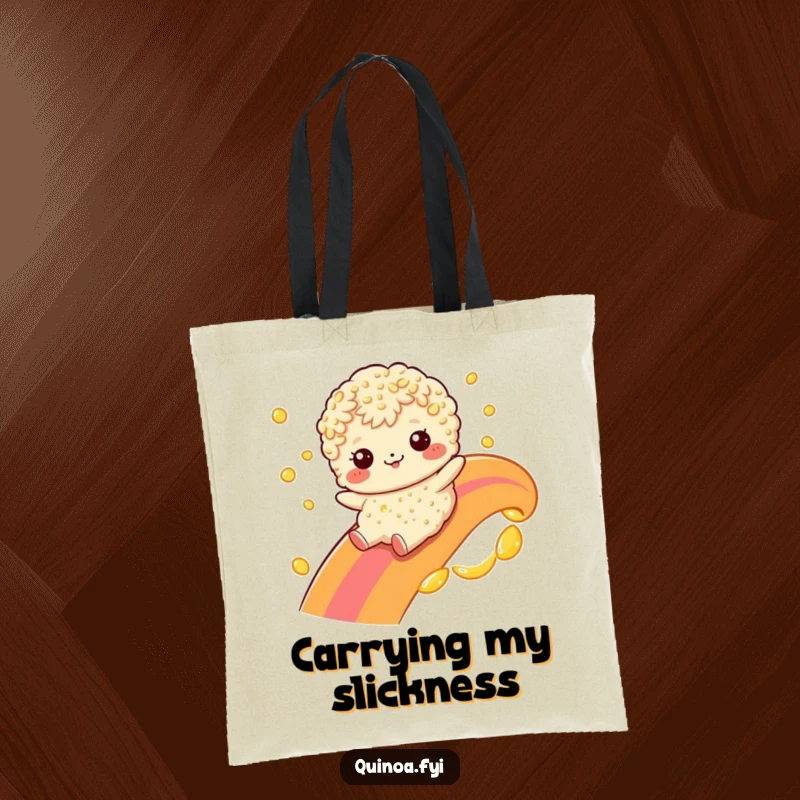 Funny quinoa character on a tote bag, sliding down a rainbow made of oil, a humorous and practical accessory.