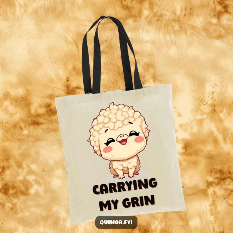 Funny tote bag with a giggling quinoa creature with a very large, excited smile, perfect for errands and spreading happiness.