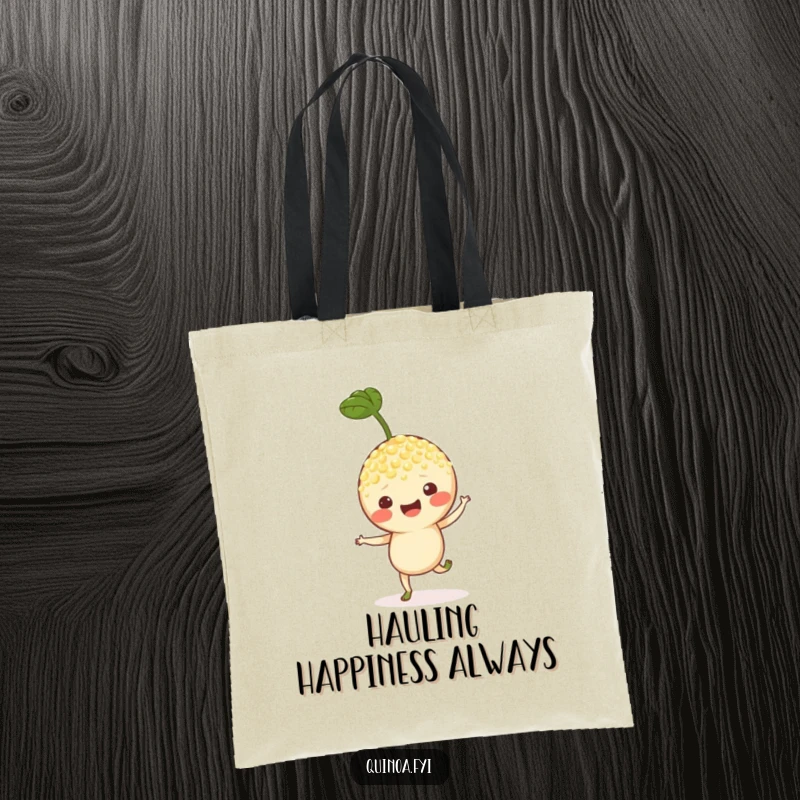 Funny tote bag with a cheerfully hopping quinoa sprout character, perfect for errands and spreading smiles.