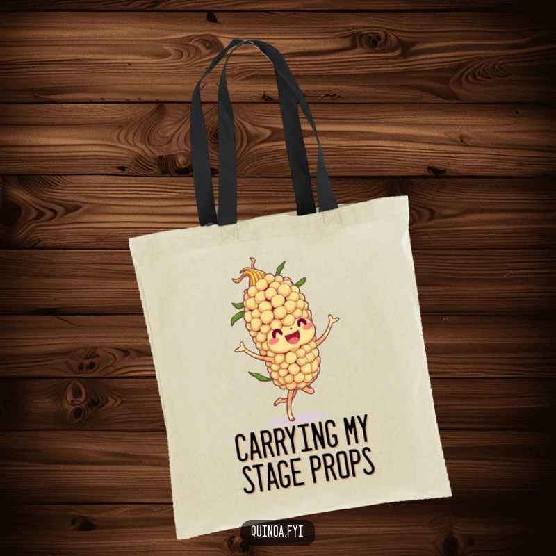 Funny tote bag with a jovial quinoa stalk character performing a flamboyant twirl, perfect for carrying groceries and good vibes.