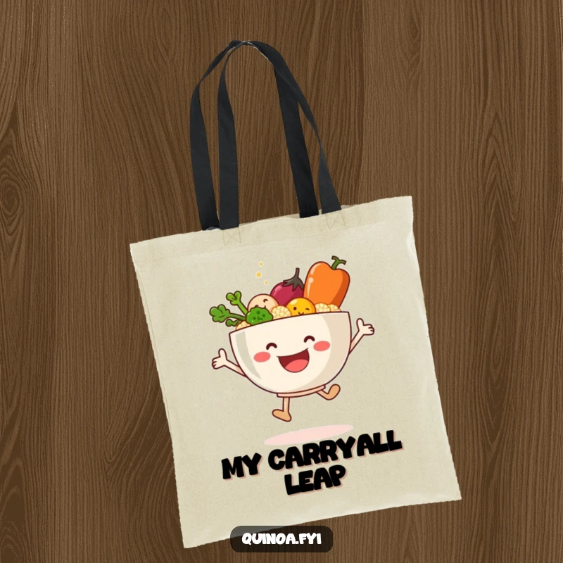 Funny tote bag showcasing a happy quinoa bowl and vegetables leaping with enthusiasm.