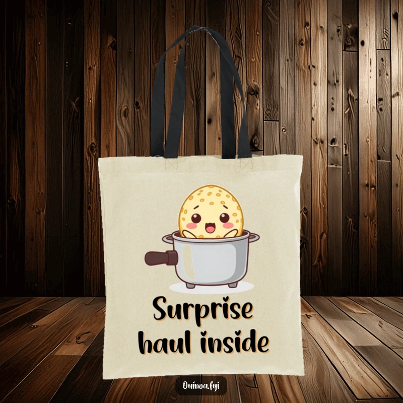 Funny tote bag showing a surprised quinoa grain popping out of a tiny cooking pot, ready for adventure.