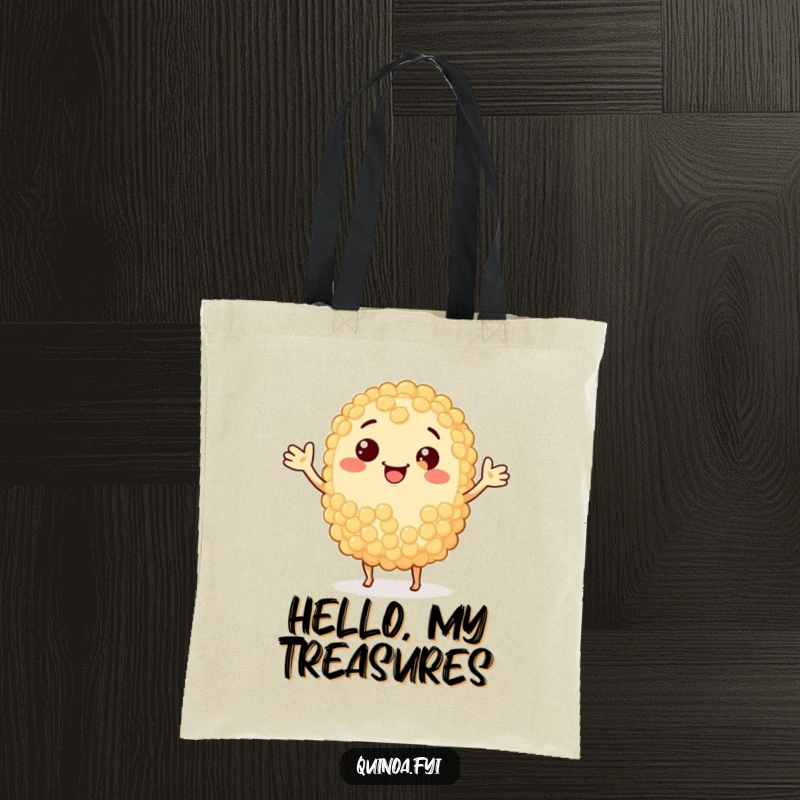 Funny anthropomorphic quinoa grain smiling and waving its arms, a friendly and humorous tote design.