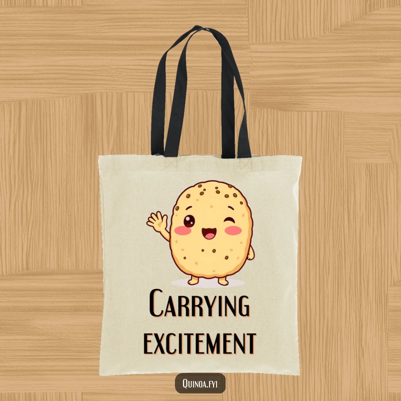 Funny anthropomorphic quinoa patty with a friendly wave, looking excited tote bag, perfect for carrying groceries with a cheerful, welcoming design.