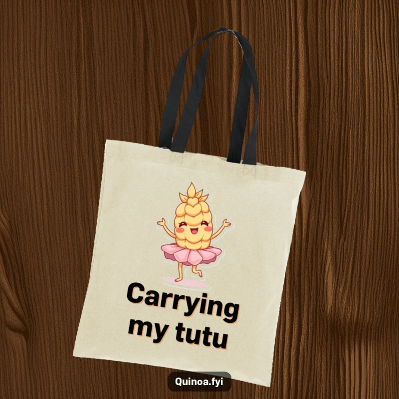 Funny Tote Bag: A wobbly anthropomorphic wheat grain in a tutu strikes a playful pose, perfect for carrying dance dreams.