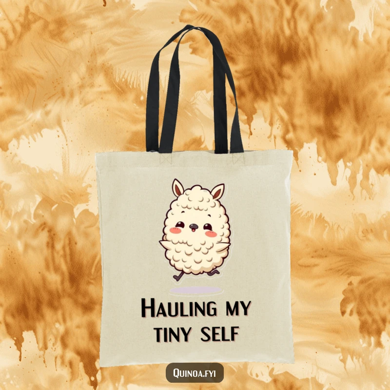 Funny tote bag with a playful quinoa character on tiny legs doing a happy skip, excellent for errands and spreading cheer.