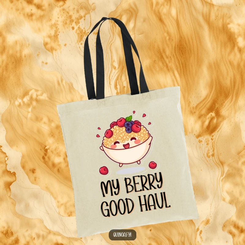 Funny tote bag with an anthropomorphic bowl of cooked quinoa with tiny berries joyfully bouncing, perfect for carrying energy.
