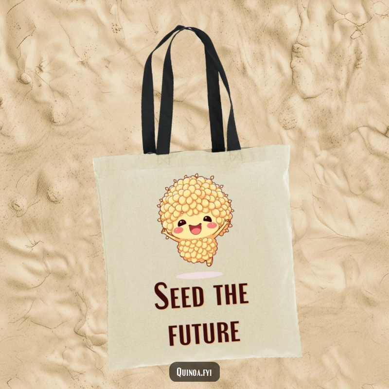 Funny Quinoa Tote Bag: A cheerful, anthropomorphic quinoa cluster is depicted doing a joyful celebratory hop, perfect for carrying essentials.