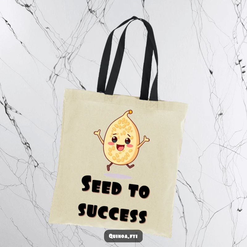 Funny quinoa seed character tote bag, depicted mid-bounce with a cheerful, energetic stance, perfect for carrying everyday items.