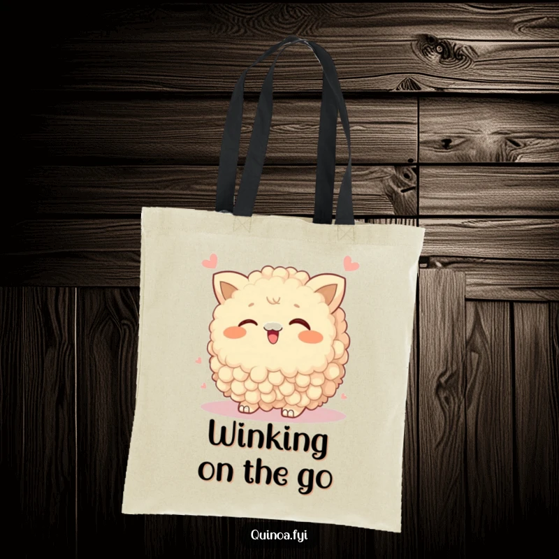 Funny Tote Bag featuring a wobbly quinoa cluster winking playfully, great for carrying items with a humorous and cheeky theme.